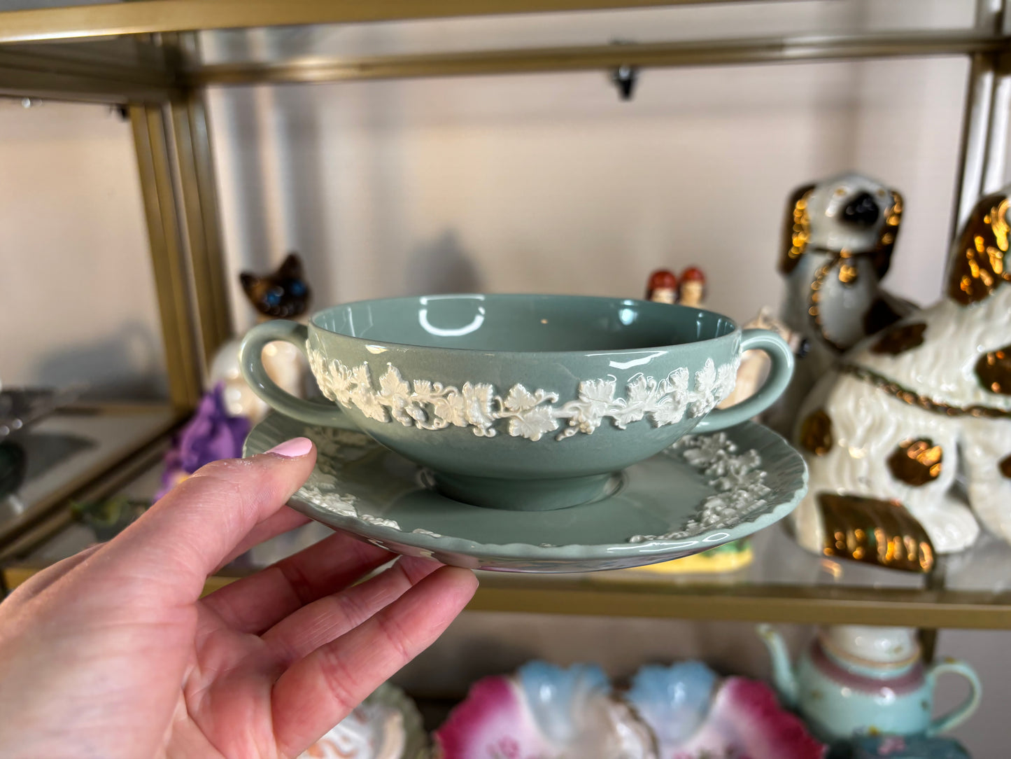Lovely Wedgwood Queensware green and white soup cup and saucer set!