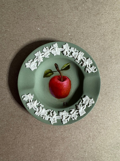 Live 06/22 Wedgwood small green and white dish with painted apple original art