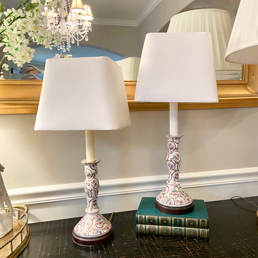 Pair of vintage boudoir floral candlestick lamps.