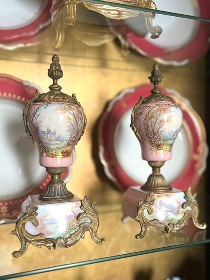 Antique French Sevres Style Porcelain & Bronze Ormolu Garniture Urns – Hand Painted Landscapes