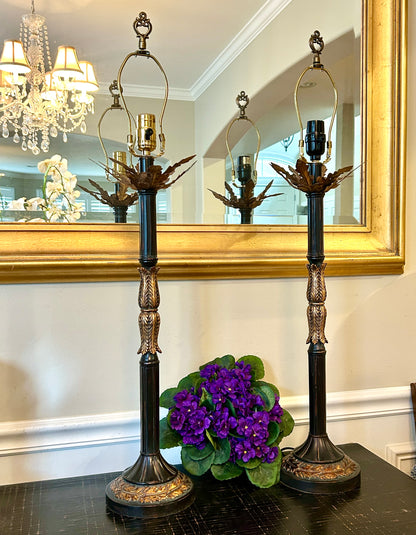 Stunning Statuesque pair of vintage gold gild & Ebony Buffet lamps 33 in