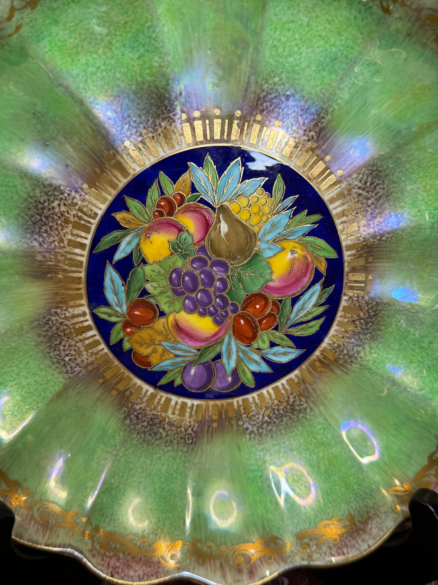 Antique Minton Hand-Painted Cabinet Plate with Fruit Center & Iridescent Green Border | 9”