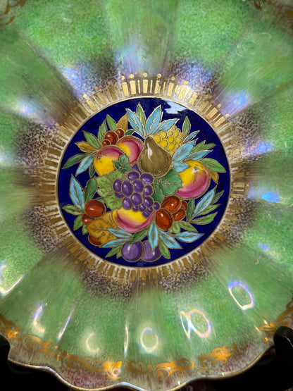 Antique Minton Hand-Painted Cabinet Plate with Fruit Center & Iridescent Green Border | 9”