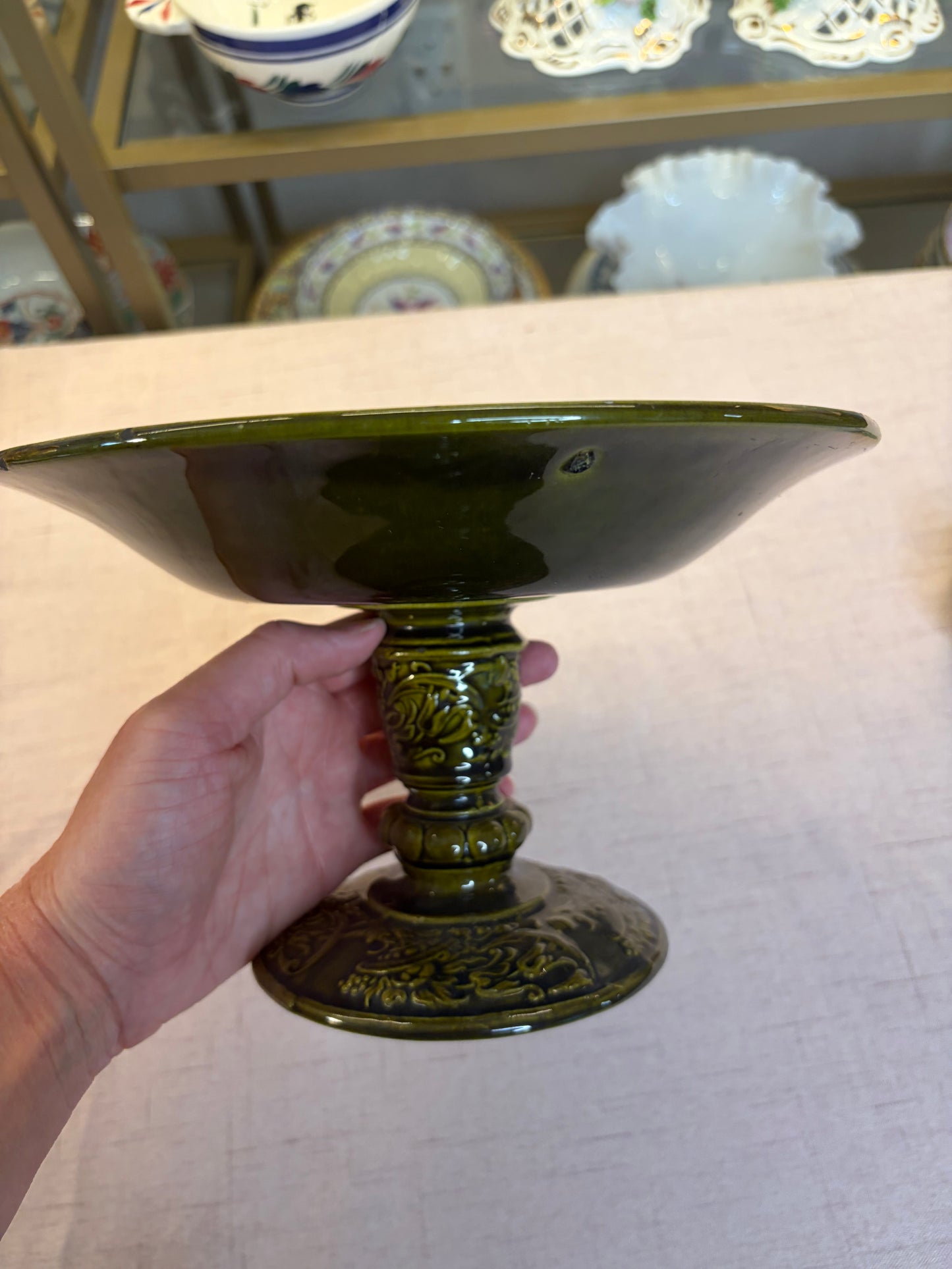Gorgeous majolica compote featuring a girl and dogs!