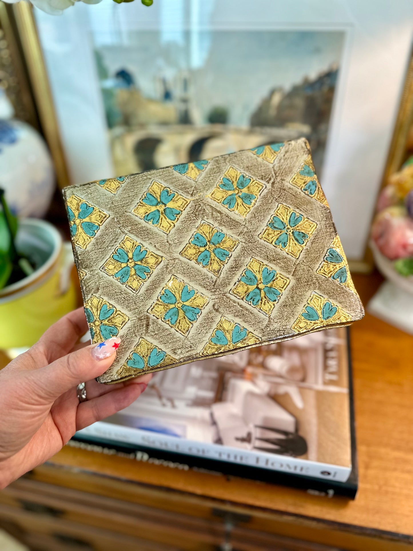 Vintage Florentine Gold Turquoise Hinged Box, Made in Italy, 8”