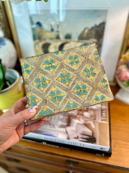 Vintage Florentine Gold Turquoise Hinged Box, Made in Italy, 8”