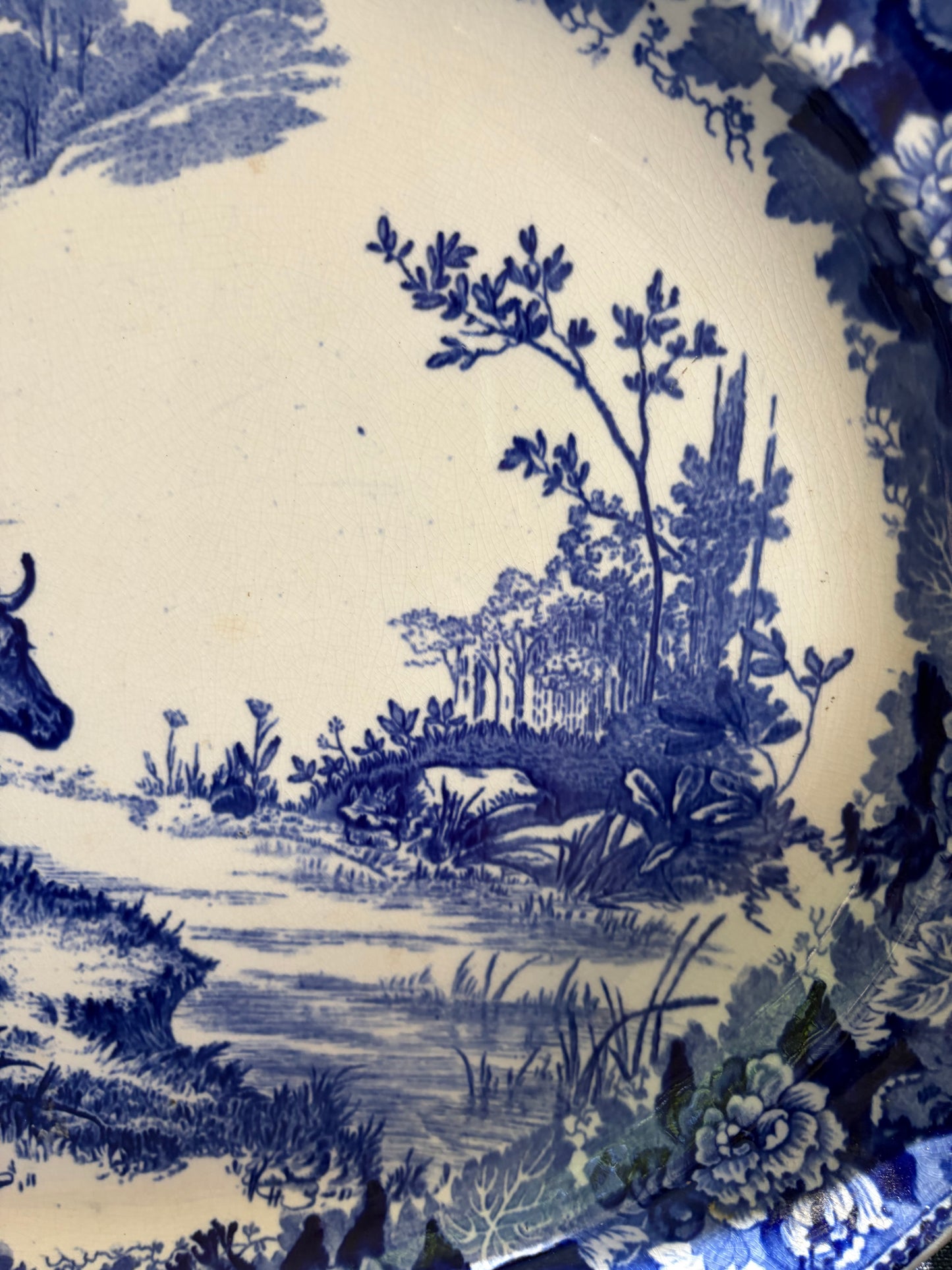 Stunning antique 18 3/4”Wedgwood blue and white platter with pasture scene and cows!