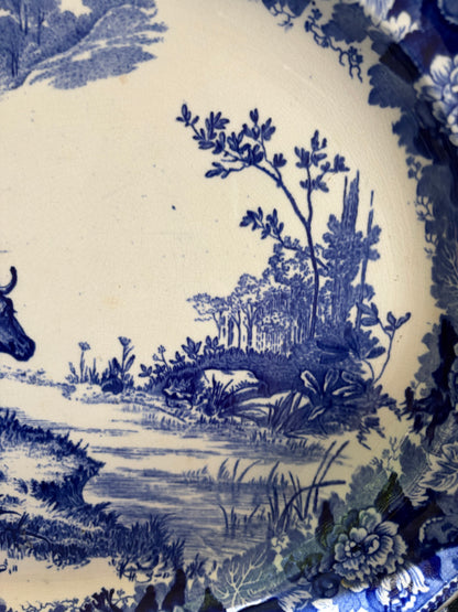 Stunning antique 18 3/4”Wedgwood blue and white platter with pasture scene and cows!