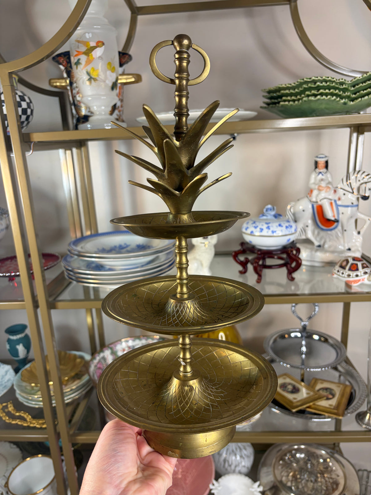 Gorgeous 14” three tiered pineapple brass tray!