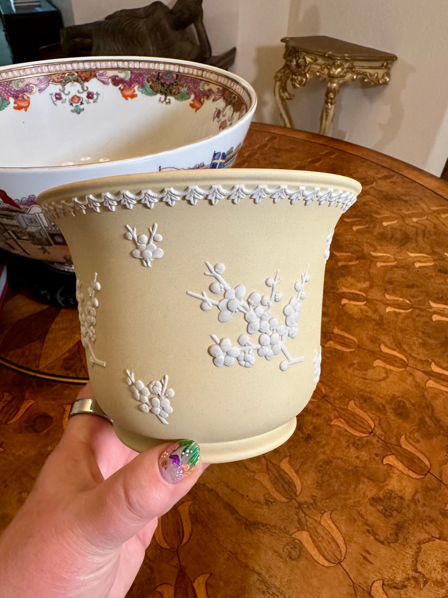 Wedgwood Jasperware Primrose Yellow “Emperor” Cachepot, Prunus Blossom Relief, 1977