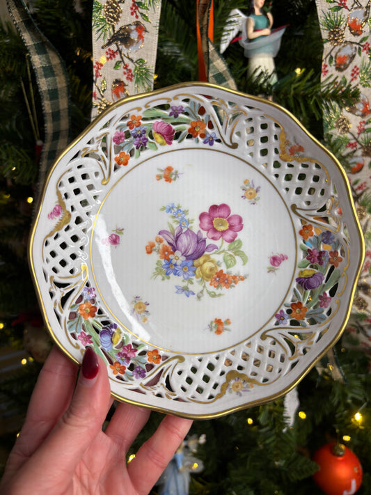 Beautiful Bavaria pierced scalloped bowl with florals and    gold!