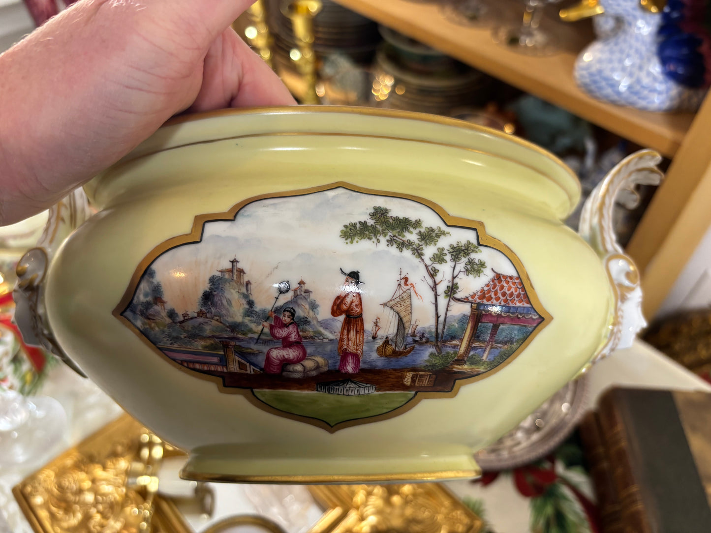 Stunning Dresden lidded tureen with vivid scenes, gold detailing, and lovely handles!