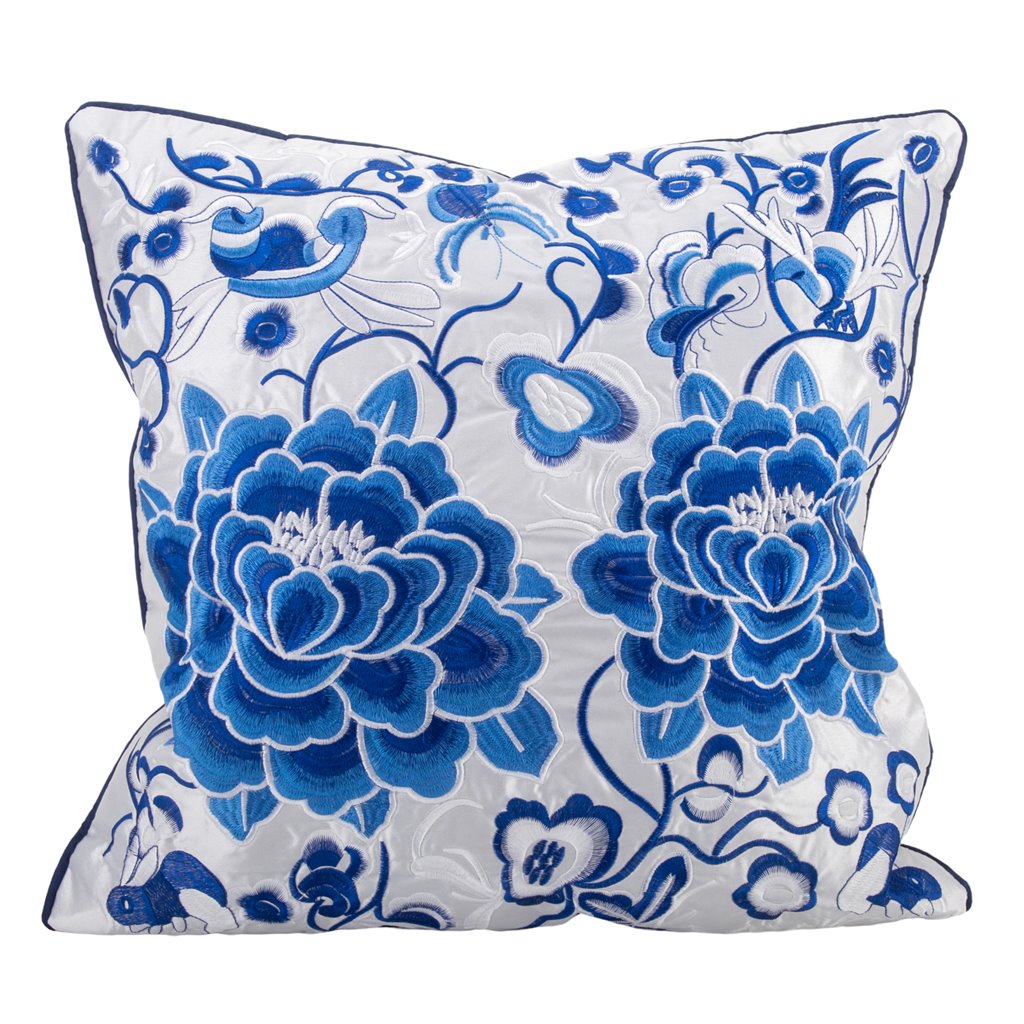 NEW - Blue & White, 20x20" Silk Peony Floral, Embroidered Pillow W/ Insert
