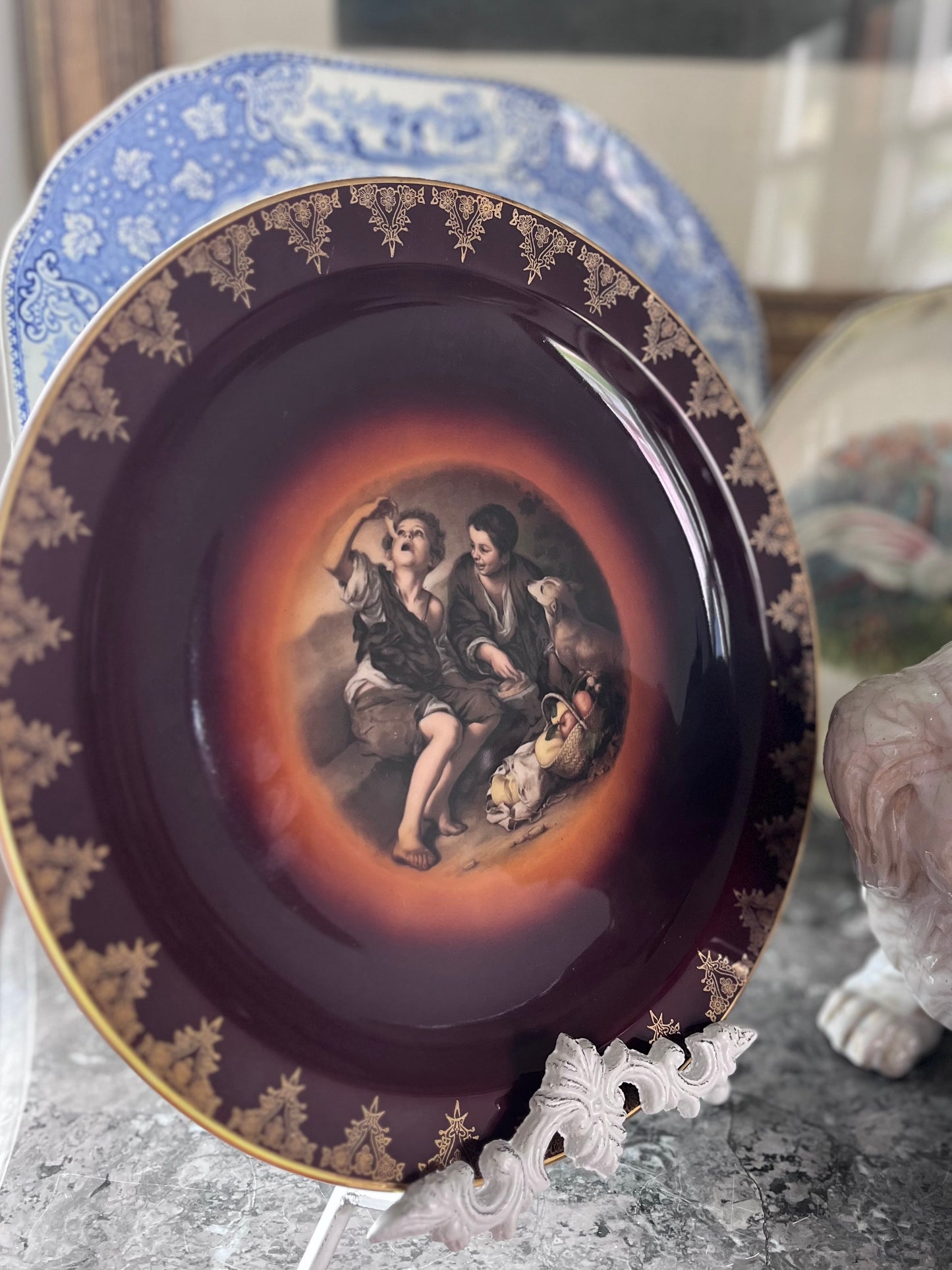 German Porcelain Charger, 13” — Sweet Scene of Boys with Dog (After Murillo, attributed)