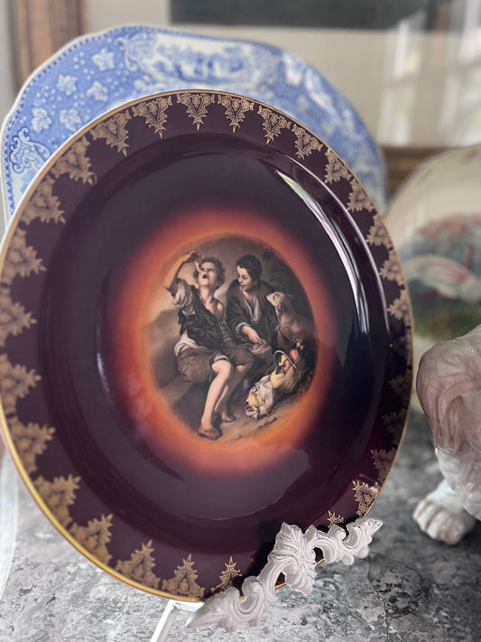 German Porcelain Charger, 13” — Sweet Scene of Boys with Dog (After Murillo, attributed)