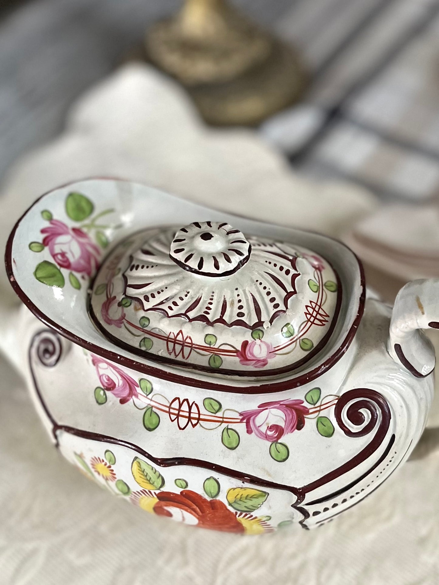 Live 08/18 Georgian Antique English Staffordshire King’s Rose Pearlware Teapot - Handpainted