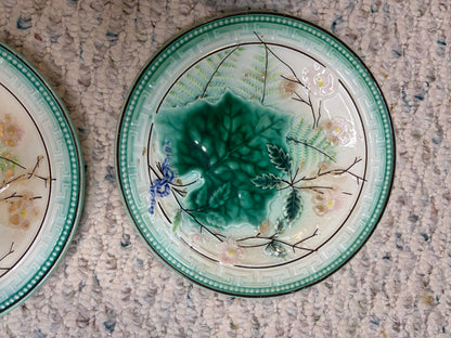 Antique majolica leaf plates with Greek key border- Set of 4! As is!