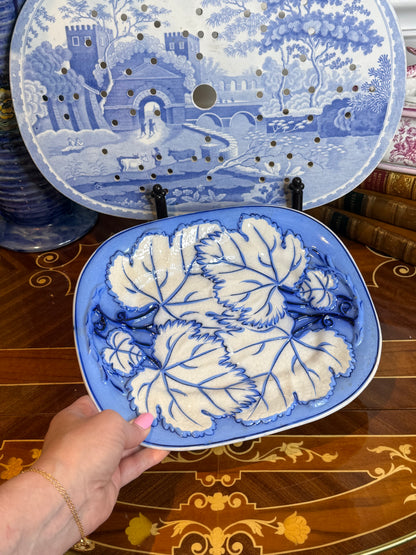 Antique Pearlware Majolica Leaf Pedestal Compote | Blue & White Grapevine Relief | c. 1820–1840 | 10x9”