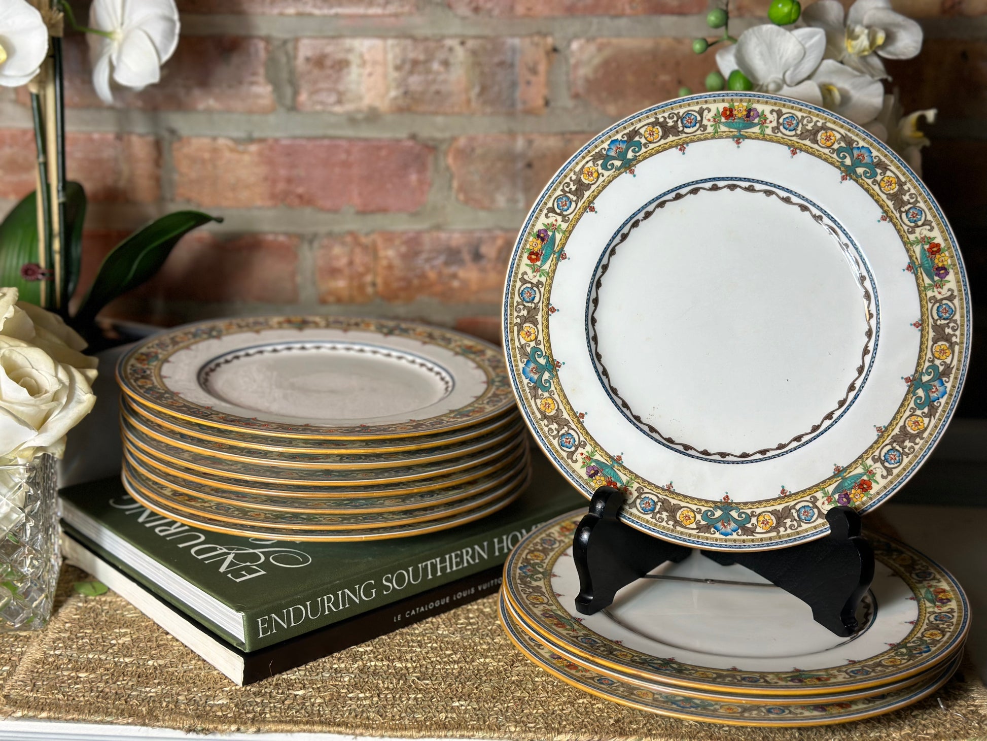 Antique set of 12 dinner plates by Minton in Plymouth Pristine Lillian Grey