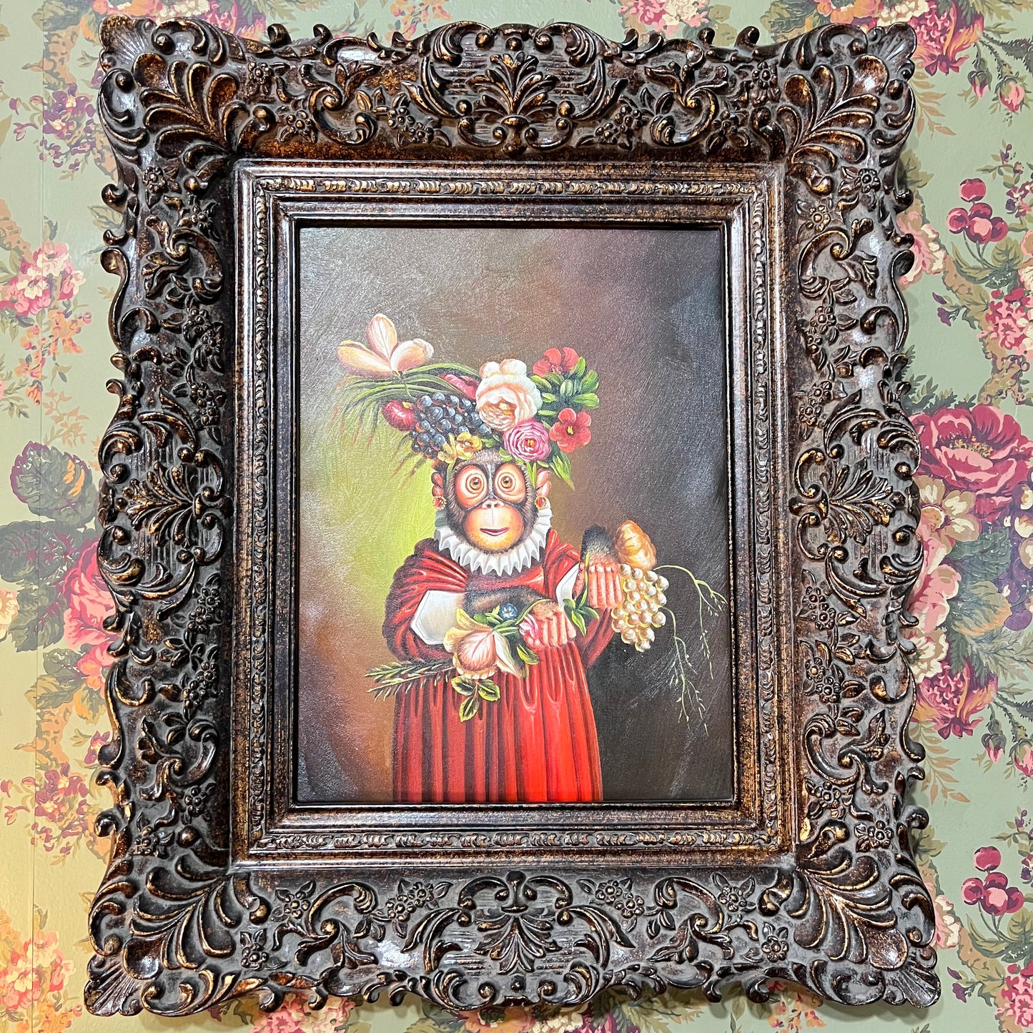 Gorgeous Monkey Painting with Ornate Wooden Frame 24.5x20.5