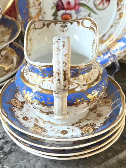 Stunning Antique English 21-Piece Porcelain Tea Service | French Blue, Hand-Painted Florals & Gilt - Attributed to Coalport