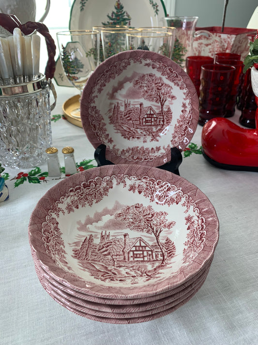 Set (6) Churchill "The Brook" Pink Transferware Cereal Bowls