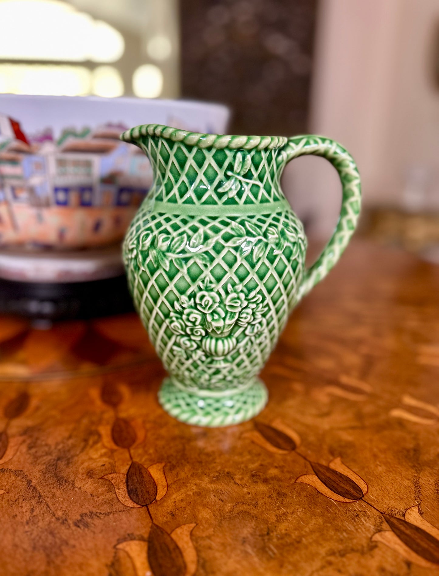 Vintage Bordallo Pinheiro Rose Garden Green Majolica Pitcher | Portugal