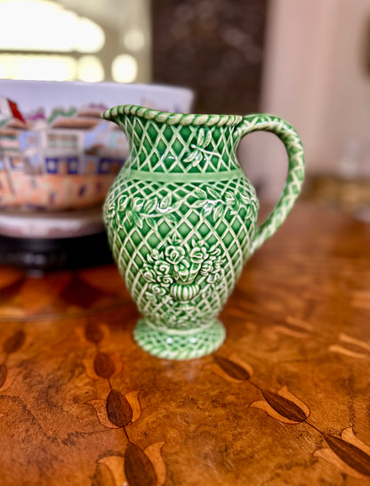 Vintage Bordallo Pinheiro Rose Garden Green Majolica Pitcher | Portugal
