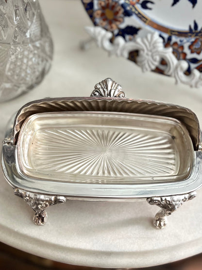 Live 09/20 Gorgous F.B. Rogers RococoSilverplate Roll-Top Butter Server with Lion’s Head Feet & Original Glass Insert