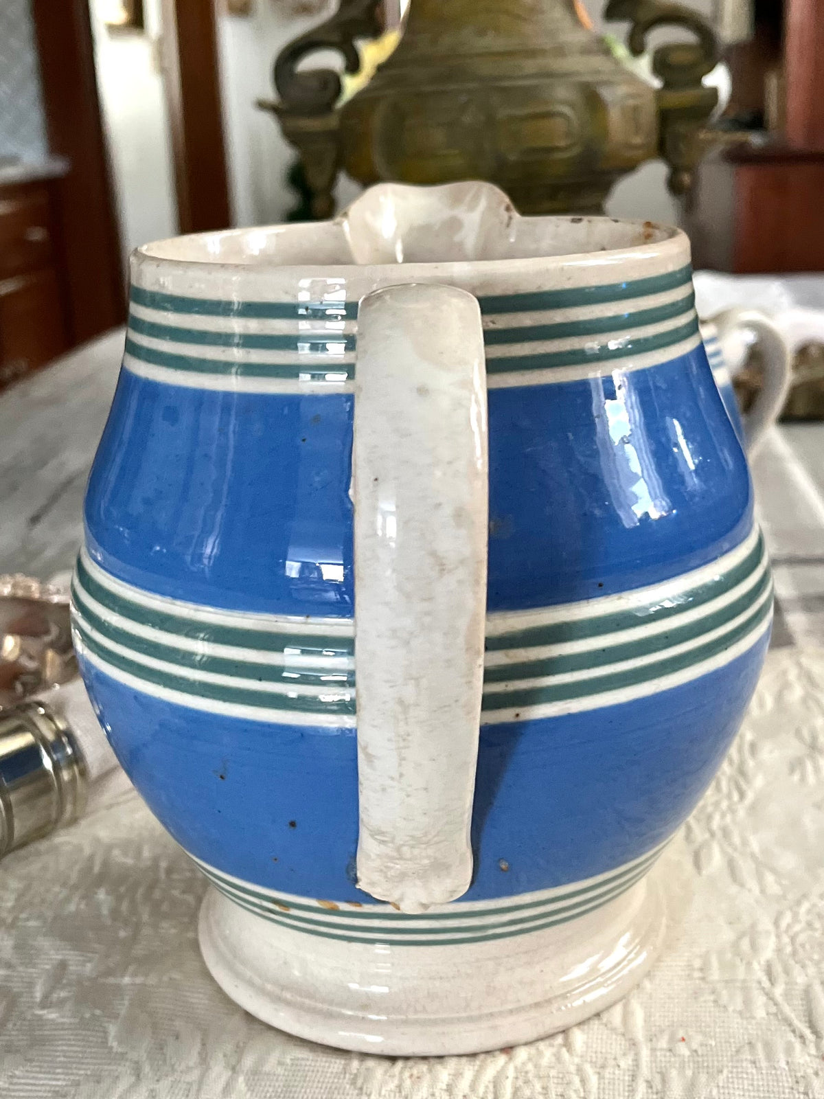 Live 09/15 Antique Tricolor Banded Mochaware Pitcher| 19th c. Blue, Green & Cream Striped Jug