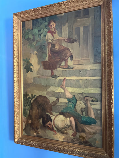 Fabulous Original Genre Oil Painting After Toby E. Rosenthal – He Who Laughs Last, Laughs Best – Dated 1942/Signed G. F. Brand