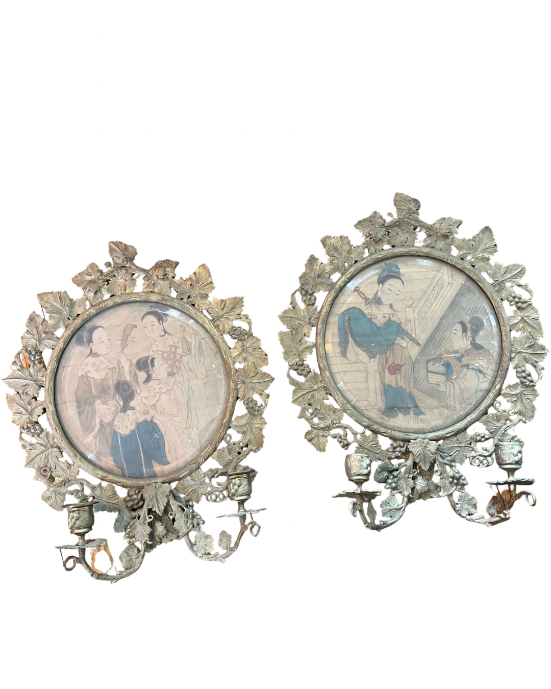 RESERVED - TAMMYWALMSLEY6144 - Live 06/15 Pair of 19th-Century Chinese Figural Candle Sconces — Cast Bronze Grapevine Frames Hand Painted Scene