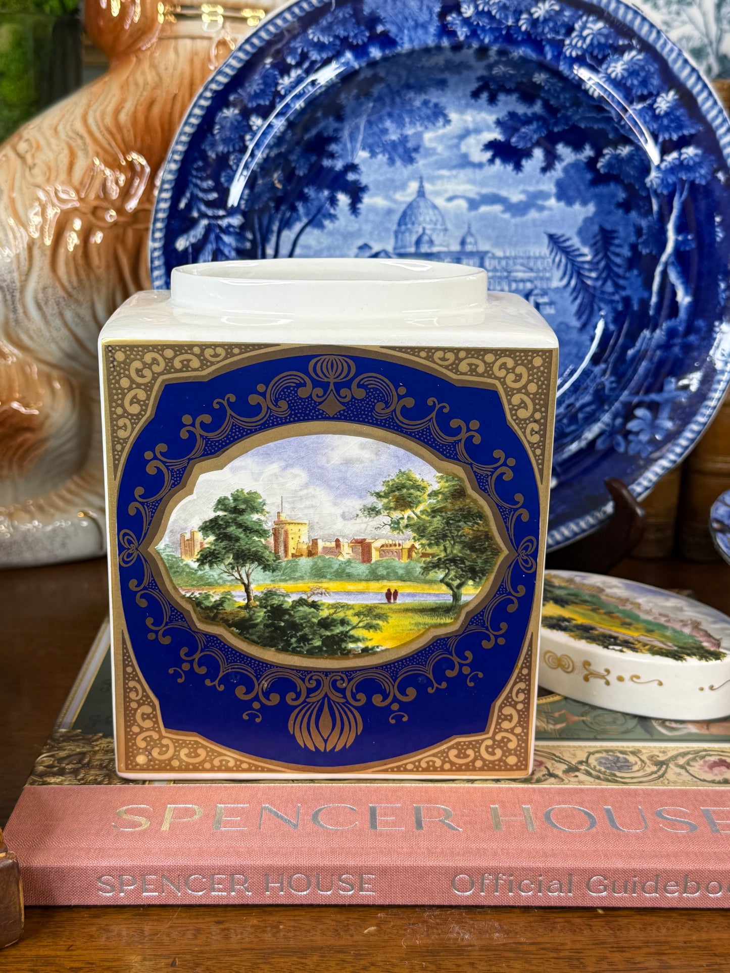 Vintage Royal Cauldon for Twinings Scenic Ironstone Tea Caddy, Cobalt Blue & Gold | 7.5”