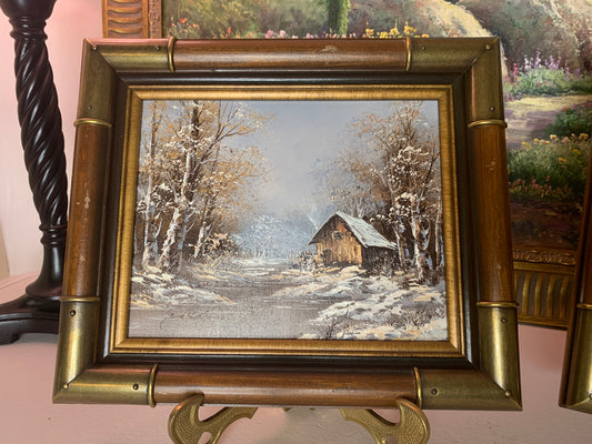 Lovely winter scene art with cabin! Signed and framed original painting!