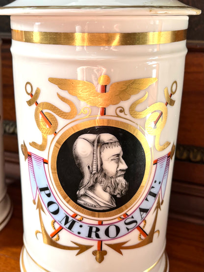 Pair of Antique French Porcelain Apothecary Jars with Portrait Medallions