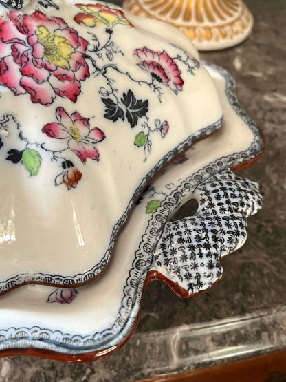 Live 07/28 Stunning Early Ashworth Bros Lidded Vegetable Dish - Footed With Florals/Birds/Contrasting Handles And Trim - Original Ribbon Mark 1860’s