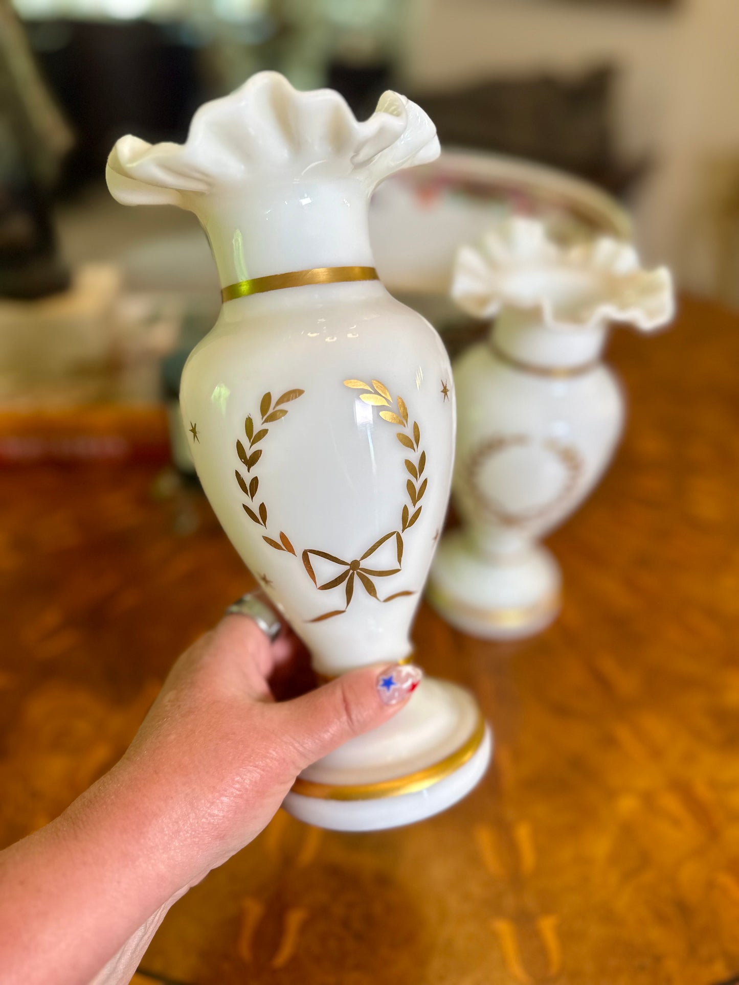 Pair of Antique French Opaline Glass Vases with Gilt Laurel Wreath Decoration, c.1880