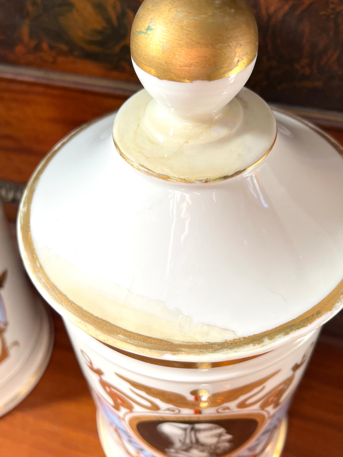 Pair of Antique French Porcelain Apothecary Jars with Portrait Medallions