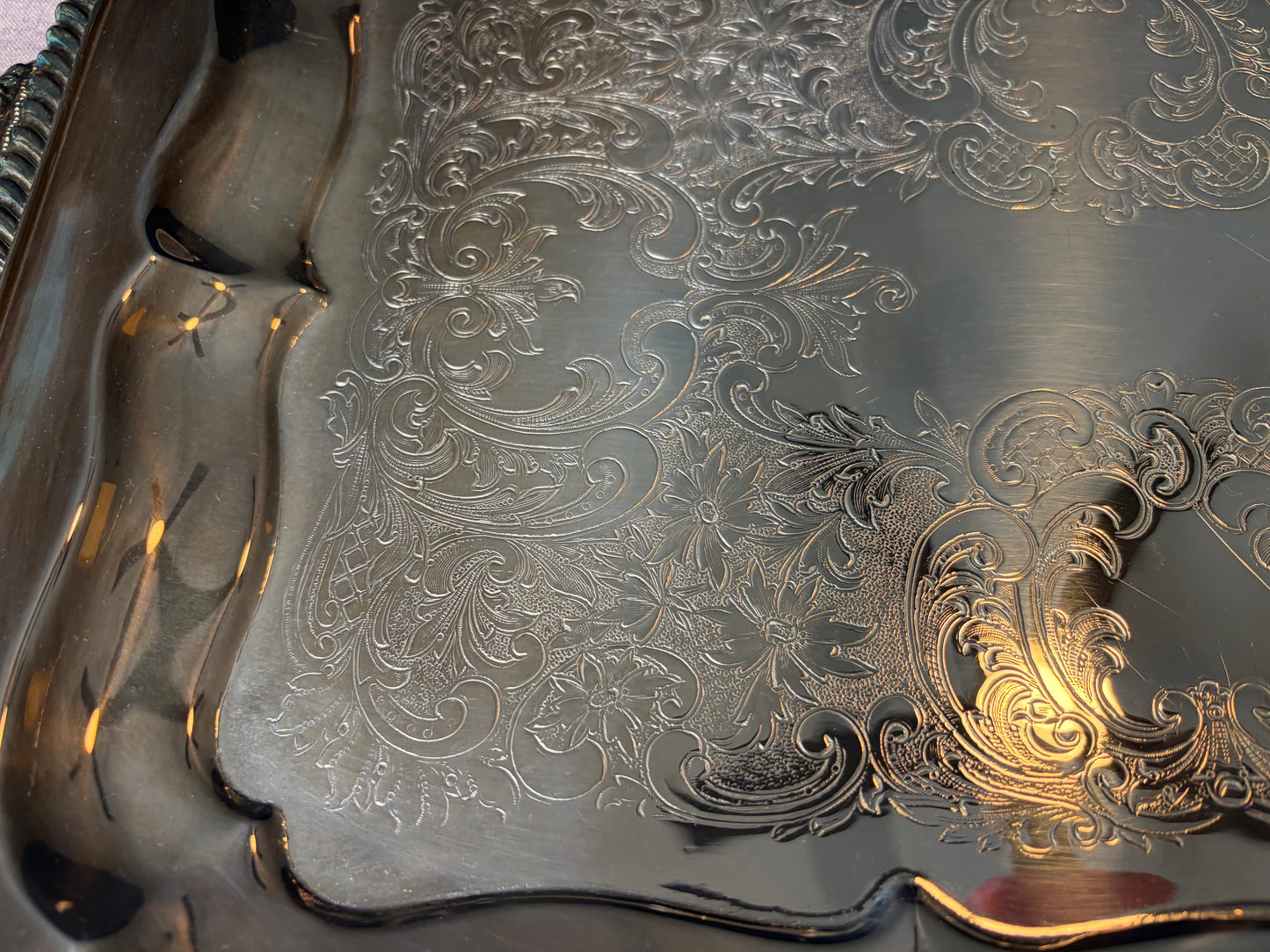 Lovely engraved 1935 silverplate over copper tray with handles!