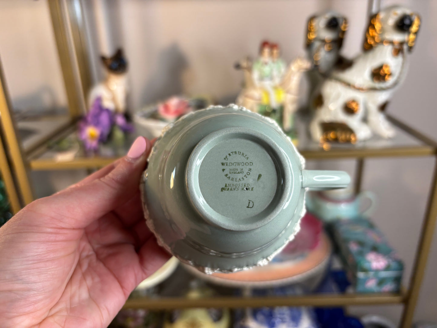 Lovely Wedgwood Queensware green and white teacup and saucer set!