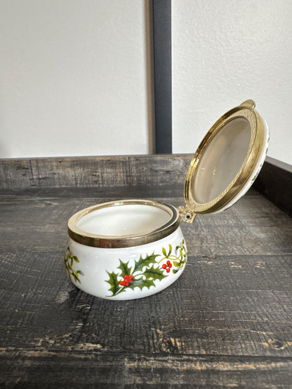 Vintage Eximious England NOEL Christmas Porcelain Trinket Box with Holly and Mouse