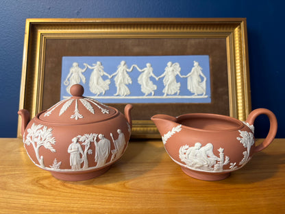 Wedgwood Jasperware terracotta lidded sugar bowl and creamer set!