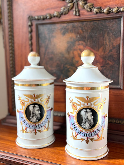 Pair of Antique French Porcelain Apothecary Jars with Portrait Medallions