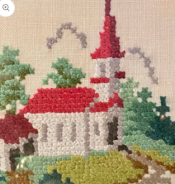 Set of 2 charming lighthouse and church framed needlepoint tapestry wall art