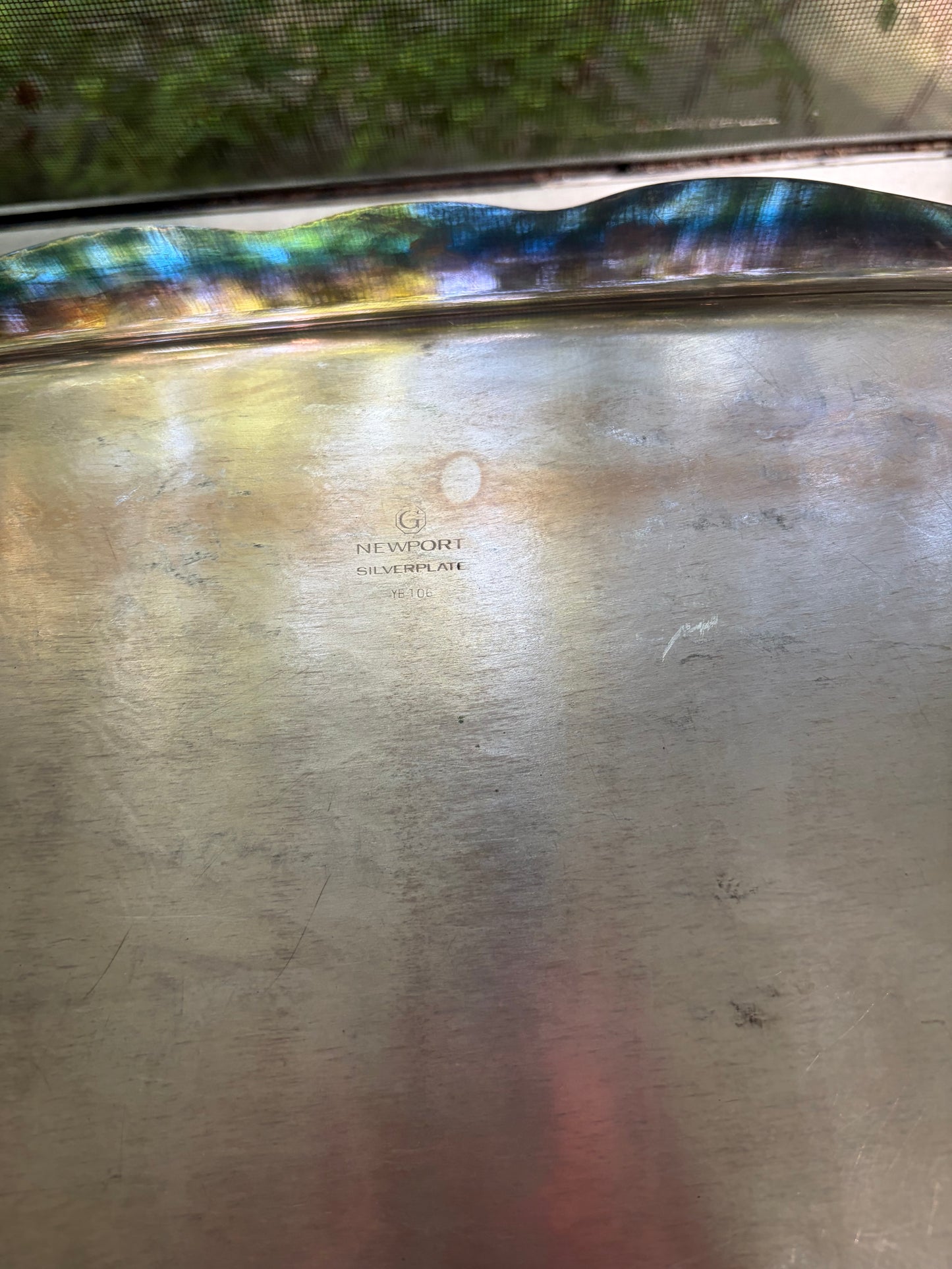 Stunning Gorham Newport large ornate silverplated serving tray with shell motif handles!