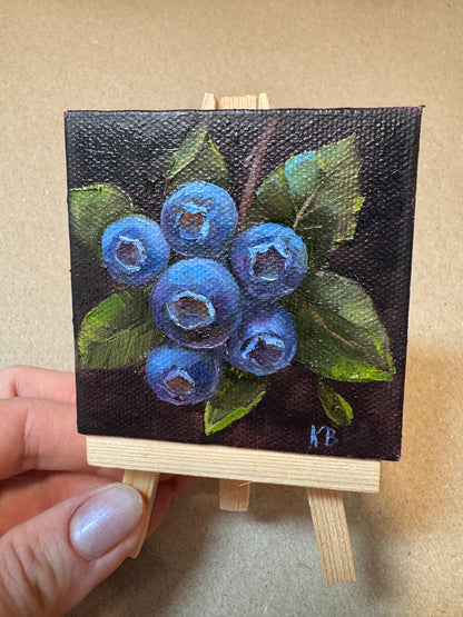 Live 06/19 mini art blueberries #2 original oil paintings on stretched canvas 3x3”