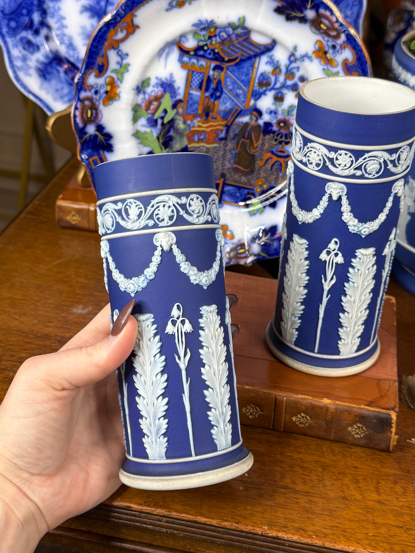 Pair of Wedgwood Blue-Dipped Jasperware Spill Vases | White Neoclassical Relief | Blue & White | c.1908–1929 | 6.5” H × 2.5” D Each | #DA4577