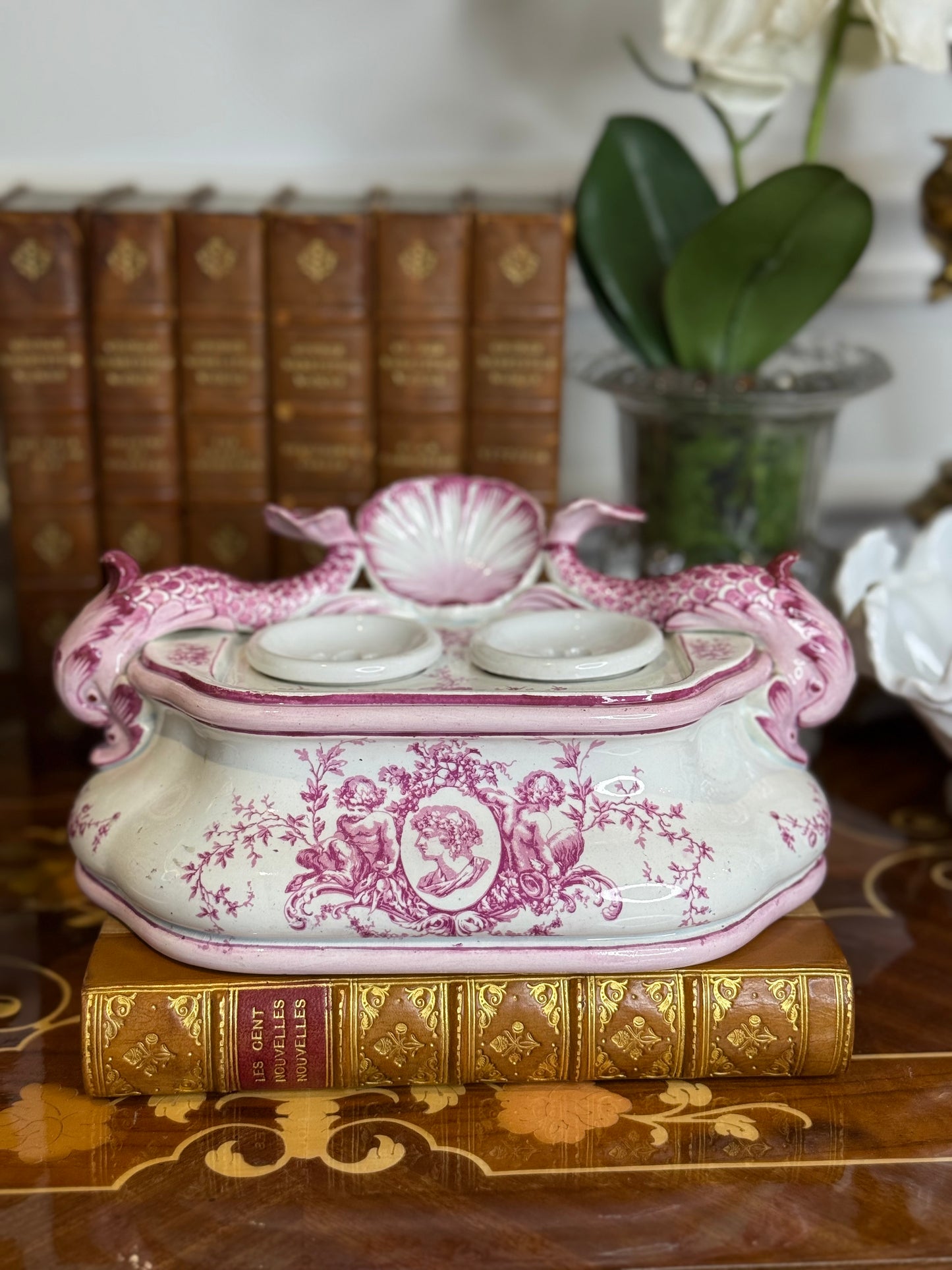 Antique French Pink Transferware Gien Faience Double Inkwell Stand with Dolphin Handles & Shell Pen Tray, c. 1875–1900, 8”W x 4”D x 5”H