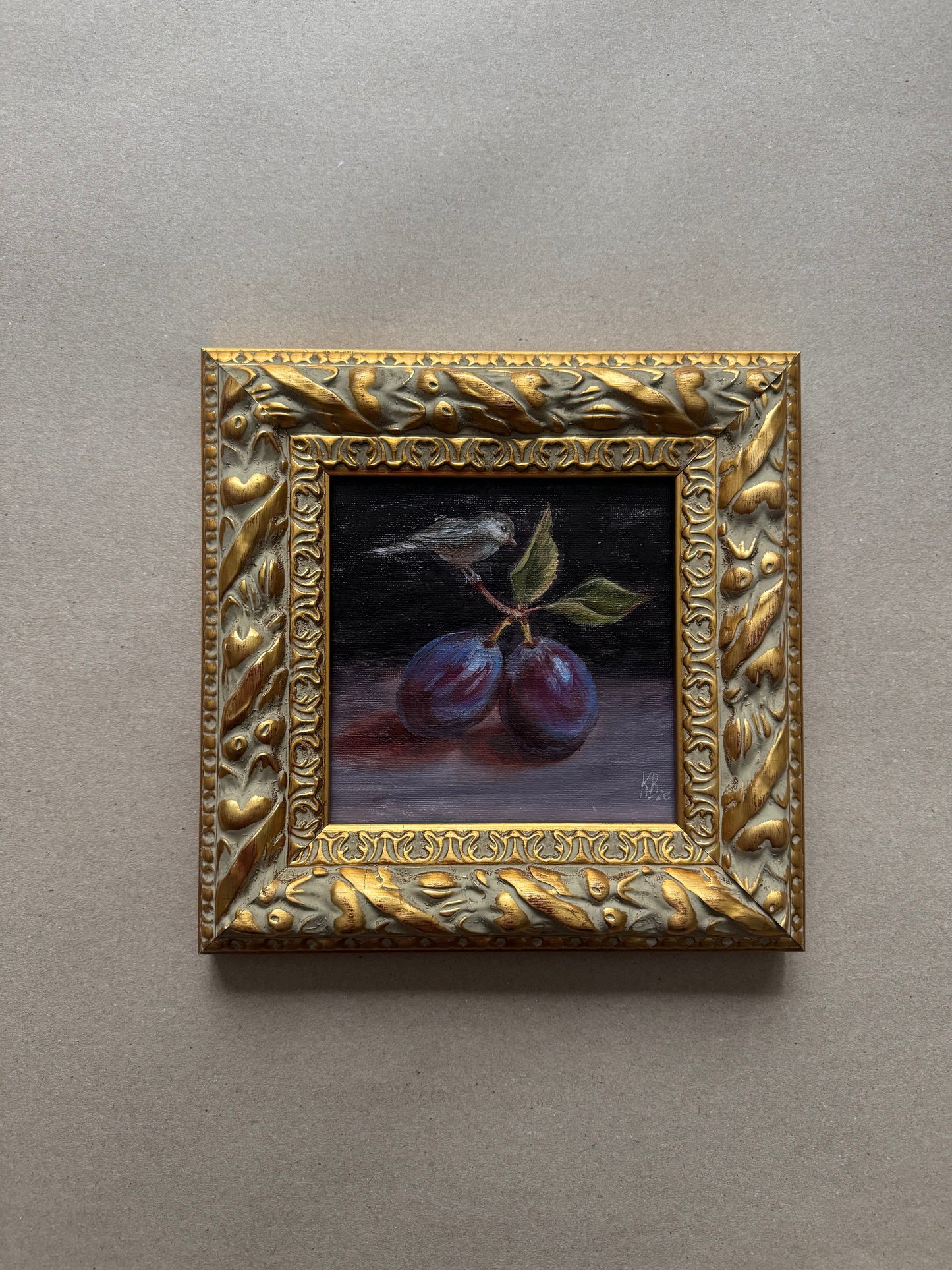 Plums and a sparrow original oil painting 9.5x9.5”