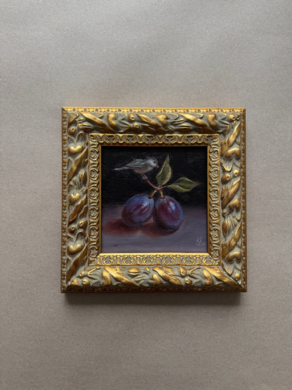 Plums and a sparrow original oil painting 9.5x9.5”